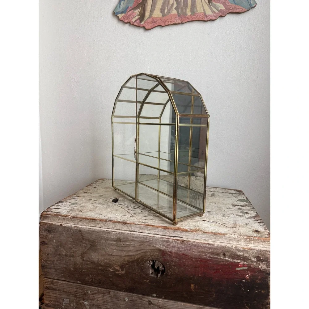 Vintage Franklin Brass Glass Arched Display Case Mirrored Back Curio Cabinet